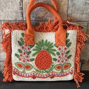 NWT Orange and White Beaded Tote Bag with Fringe